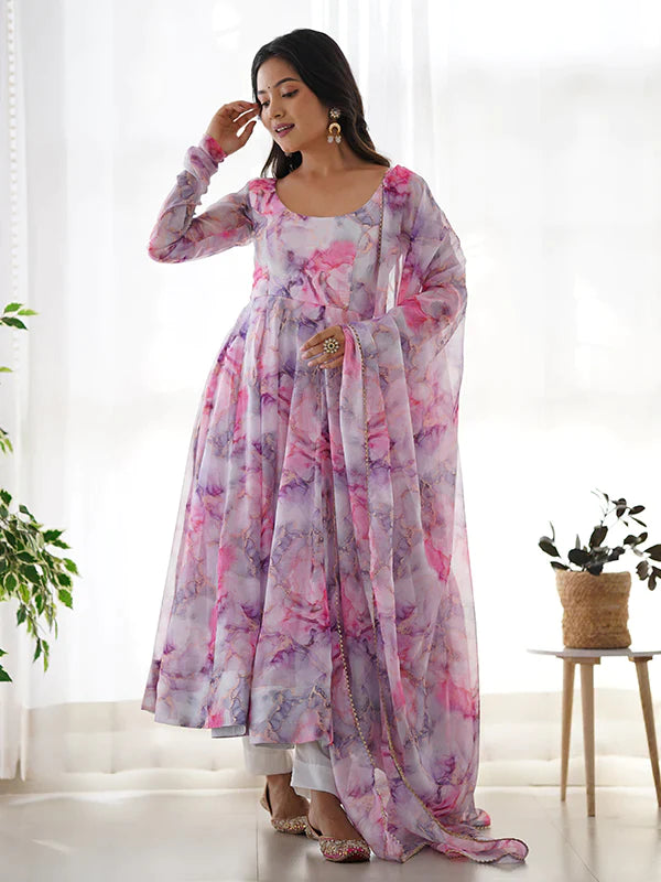 Rose Pink Organza Printed Anarkali Gown With Pant & Dupatta Set