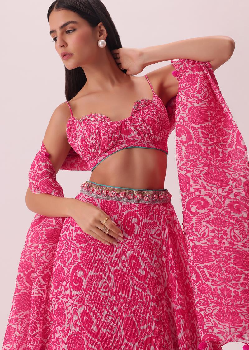Printed Lehenga Set In Pleated Georgette With Hand Embroidery